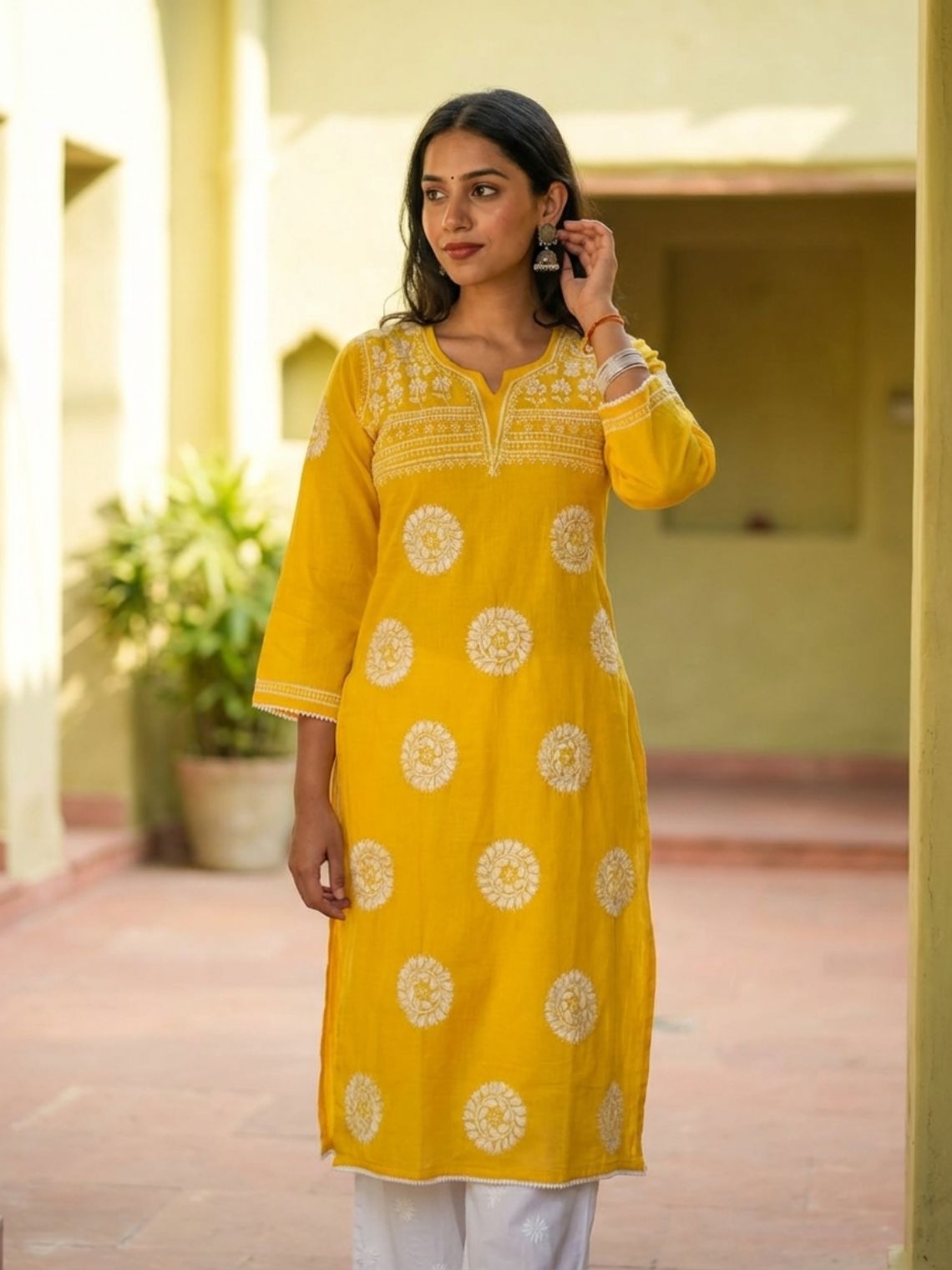 Sirat Mul Cotton Straight Chikankari Kurti with Lace Detailing - Chowkhat Lifestyle