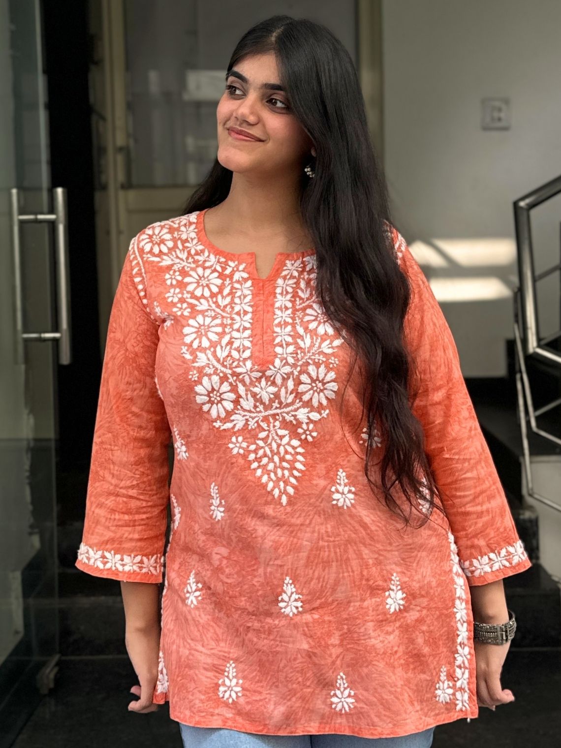 Yana Mul Cotton Short Handprinted Chikankari Kurti - Chowkhat Lifestyle