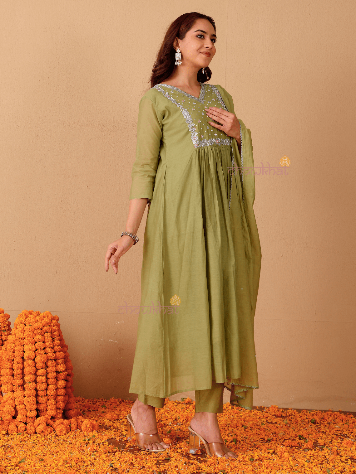 Rhea Mul Chanderi 3 Piece Nyra Style Stitched Suit Set with Adda Work - Chowkhat Lifestyle