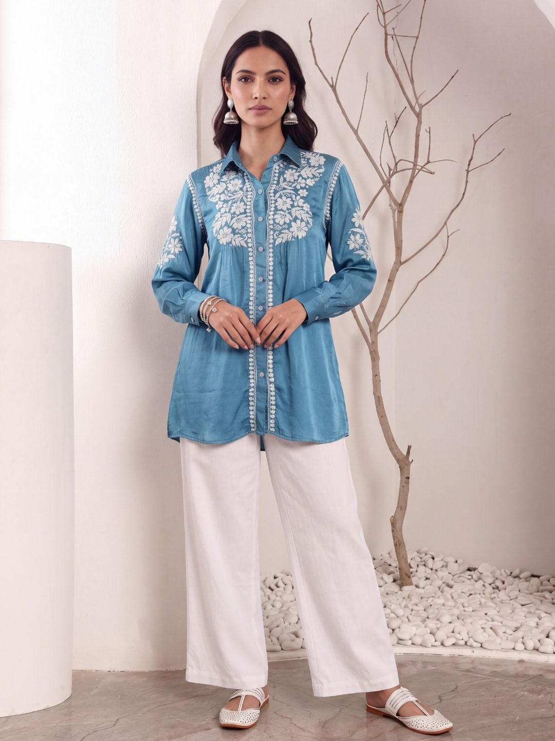 Kashika Modal Satin Chikankari High Low Shirt - Chowkhat Lifestyle