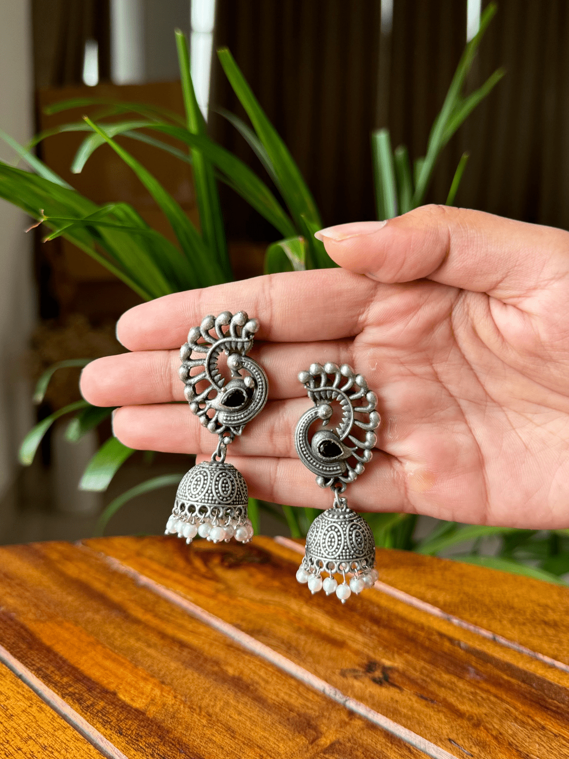Peacock Pearl German Silver Earrings - Chowkhat Lifestyle