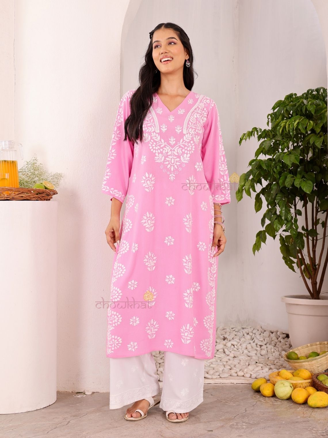 Navya Rayon Straight Chikankari Kurti with Lace Detailing - Chowkhat Lifestyle
