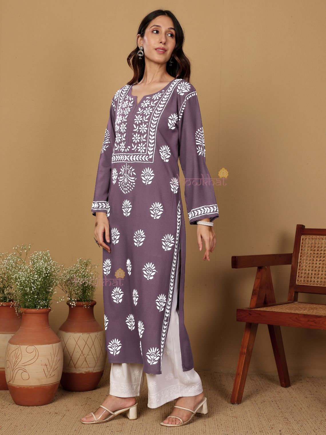 Aaniya Rayon Straight Long Chikankari Kurti - Chowkhat Lifestyle