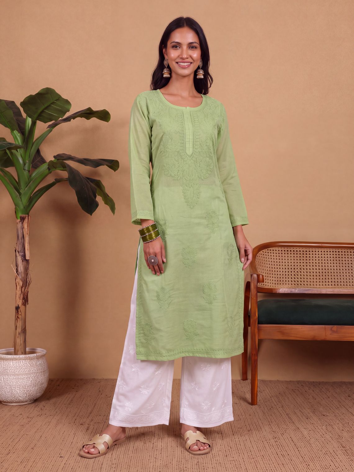 Sana Kota Doria Chikankari long Kurta with Inner - Chowkhat Lifestyle