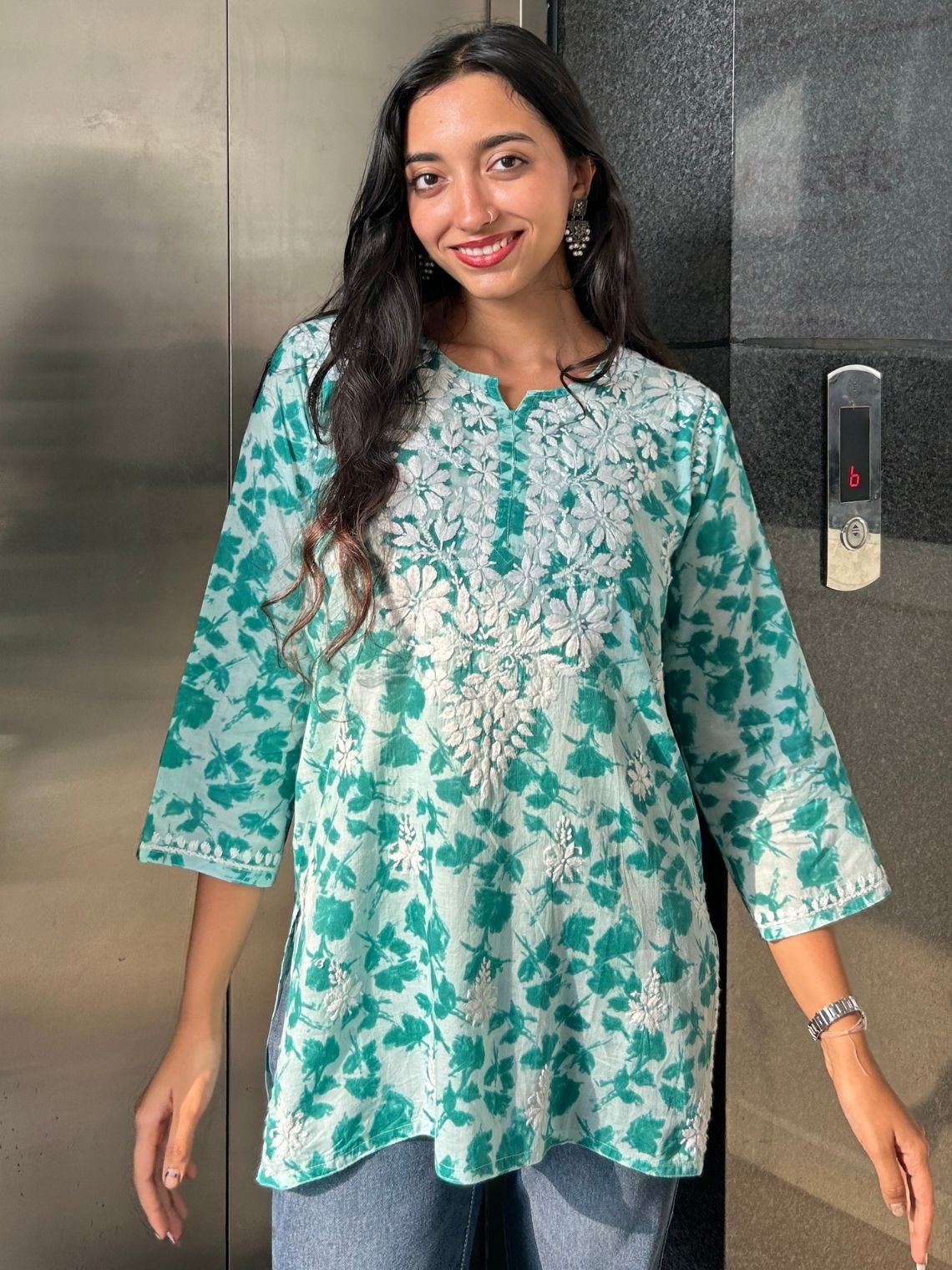 Diya Mul Cotton Short Handprinted Chikankari Kurti - Chowkhat Lifestyle