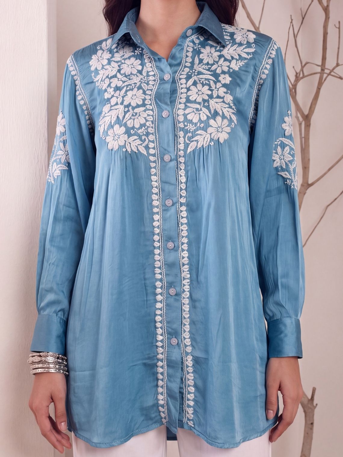 Kashika Modal Satin Chikankari High Low Shirt - Chowkhat Lifestyle
