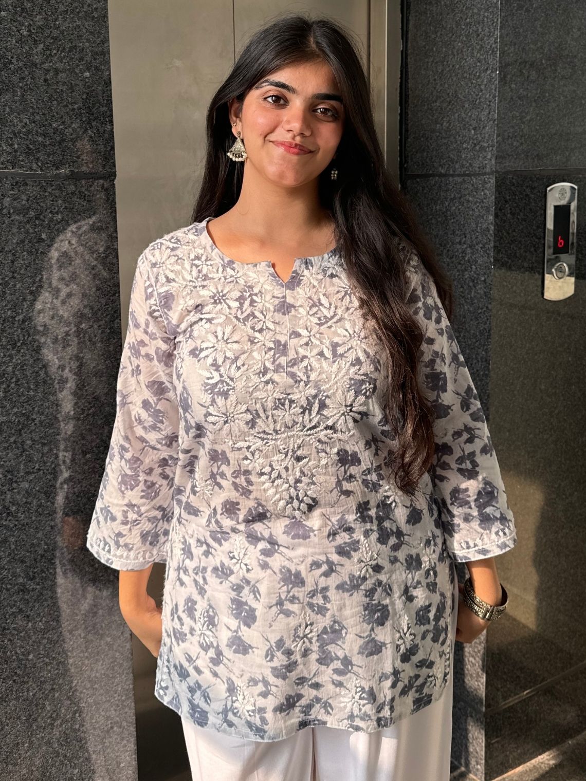 Diya Mul Cotton Short Handprinted Chikankari Kurti - Chowkhat Lifestyle