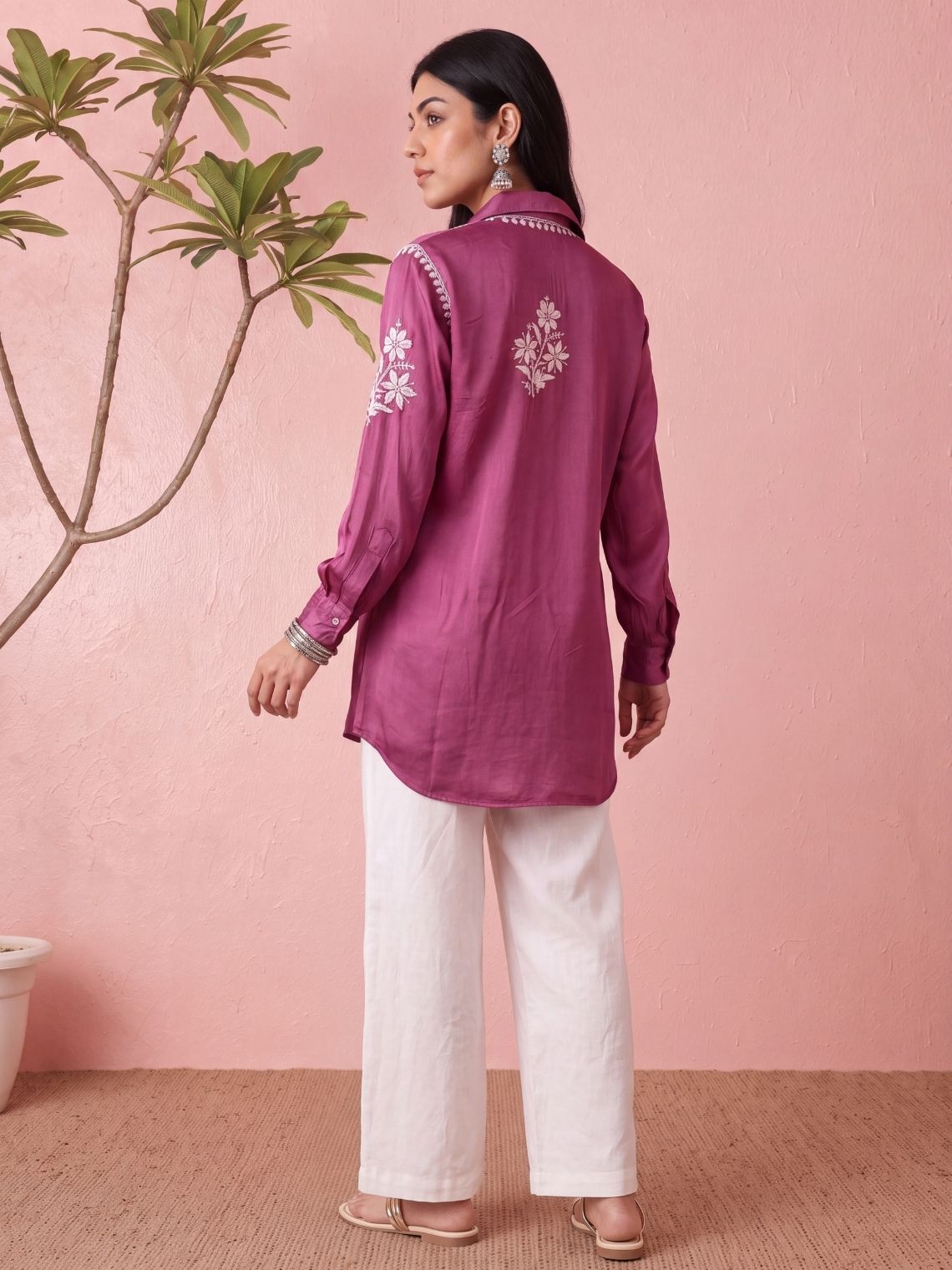 Kashika Modal Satin Chikankari High Low Shirt - Chowkhat Lifestyle