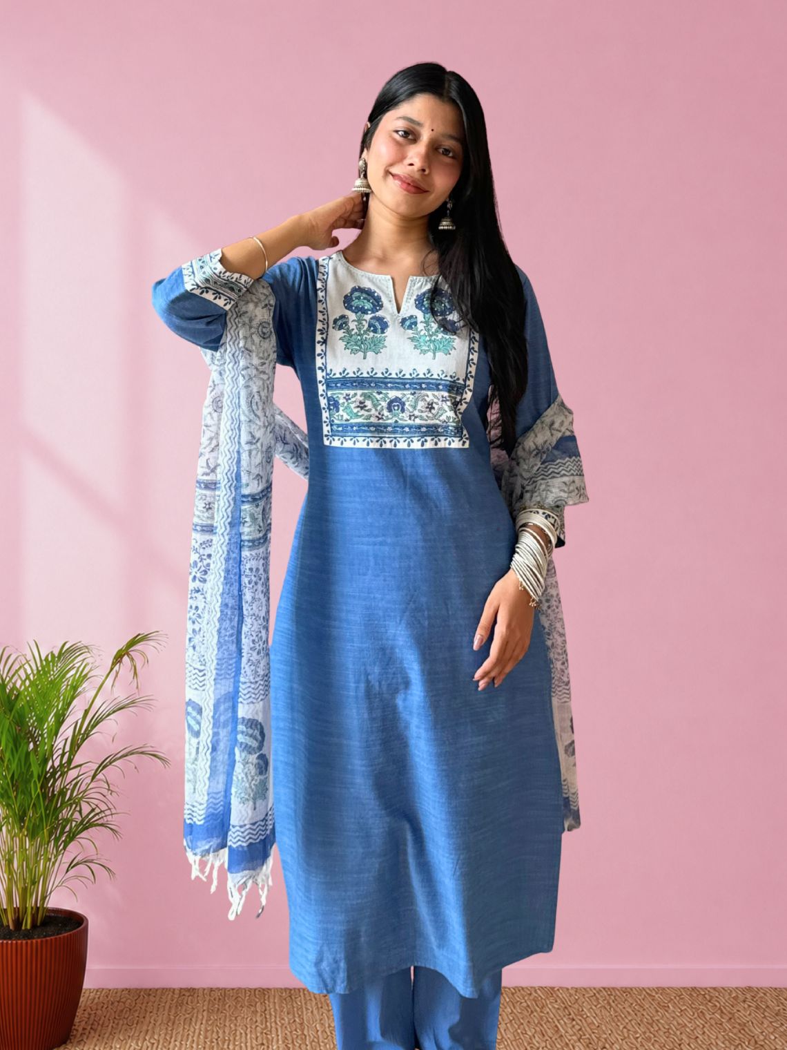 Saanjh Handloom Slub Cotton 3 Piece Stitched Suit Set with hand block & Handwork - Chowkhat Lifestyle