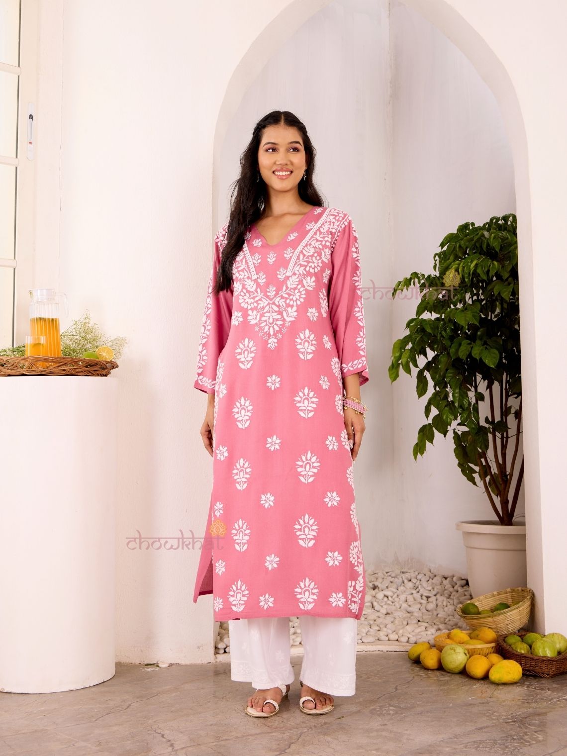 Navya Rayon Straight Chikankari Kurti with Lace - Chowkhat Lifestyle