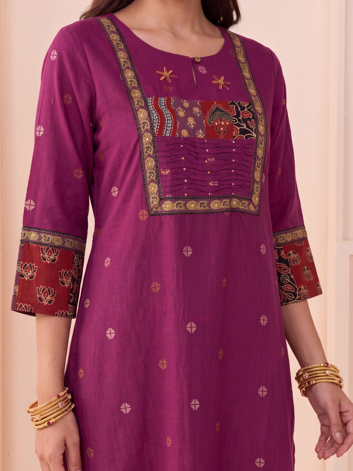 Saanjh Handloom Cotton Straight Kurti with Handwork - Purple - Chowkhat Lifestyle