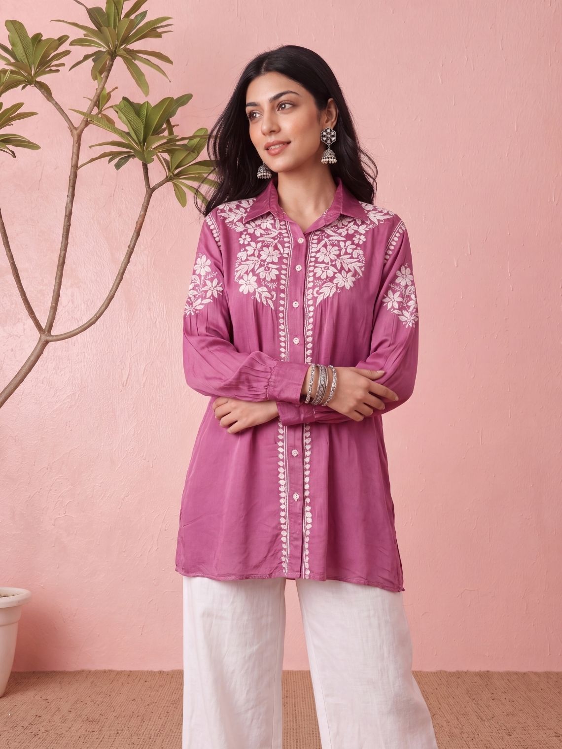 Kashika Modal Satin Chikankari High Low Shirt - Chowkhat Lifestyle