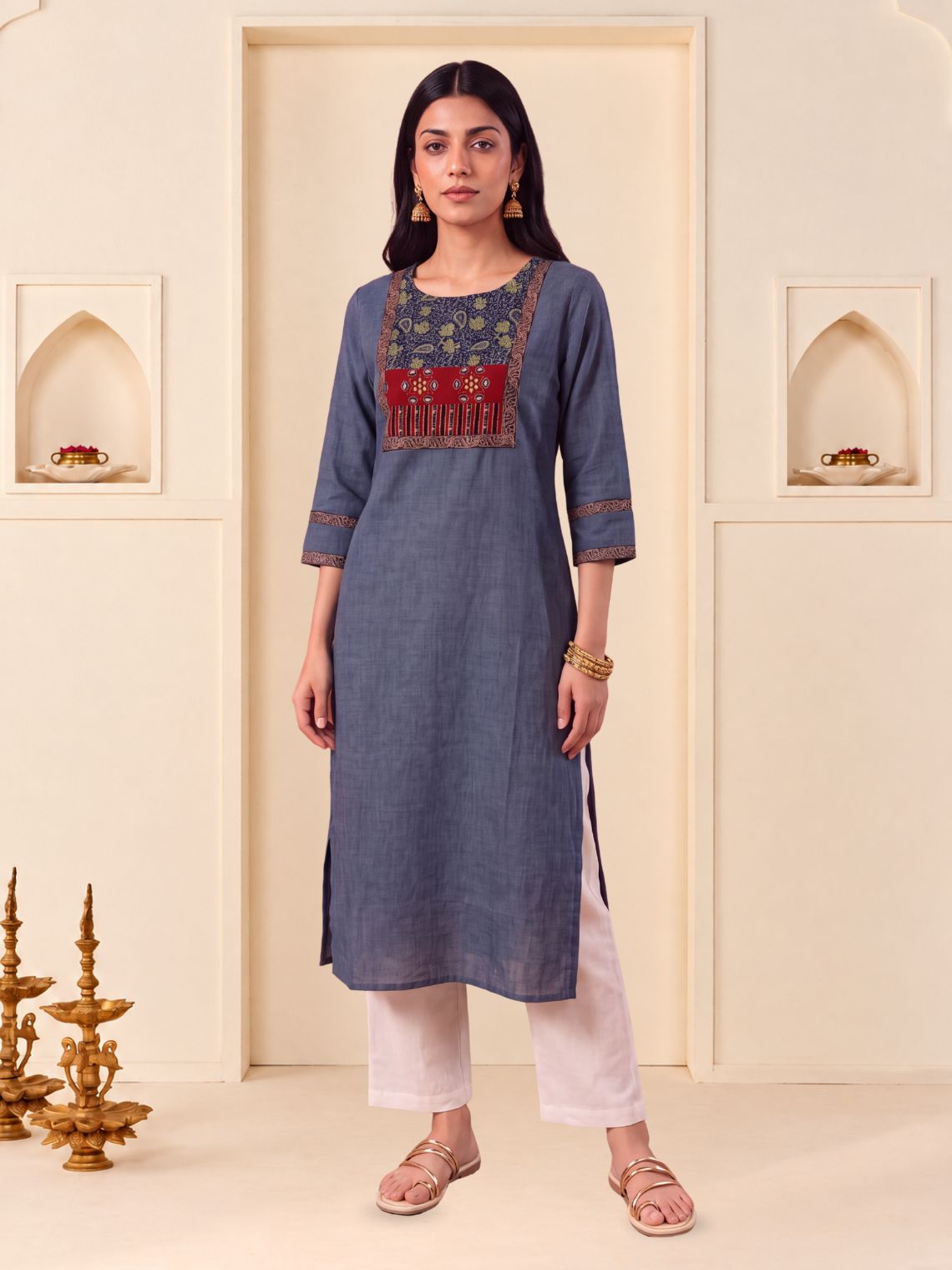 Saanjh Handloom Cotton Straight Kurti with Handwork - Blue - Chowkhat Lifestyle