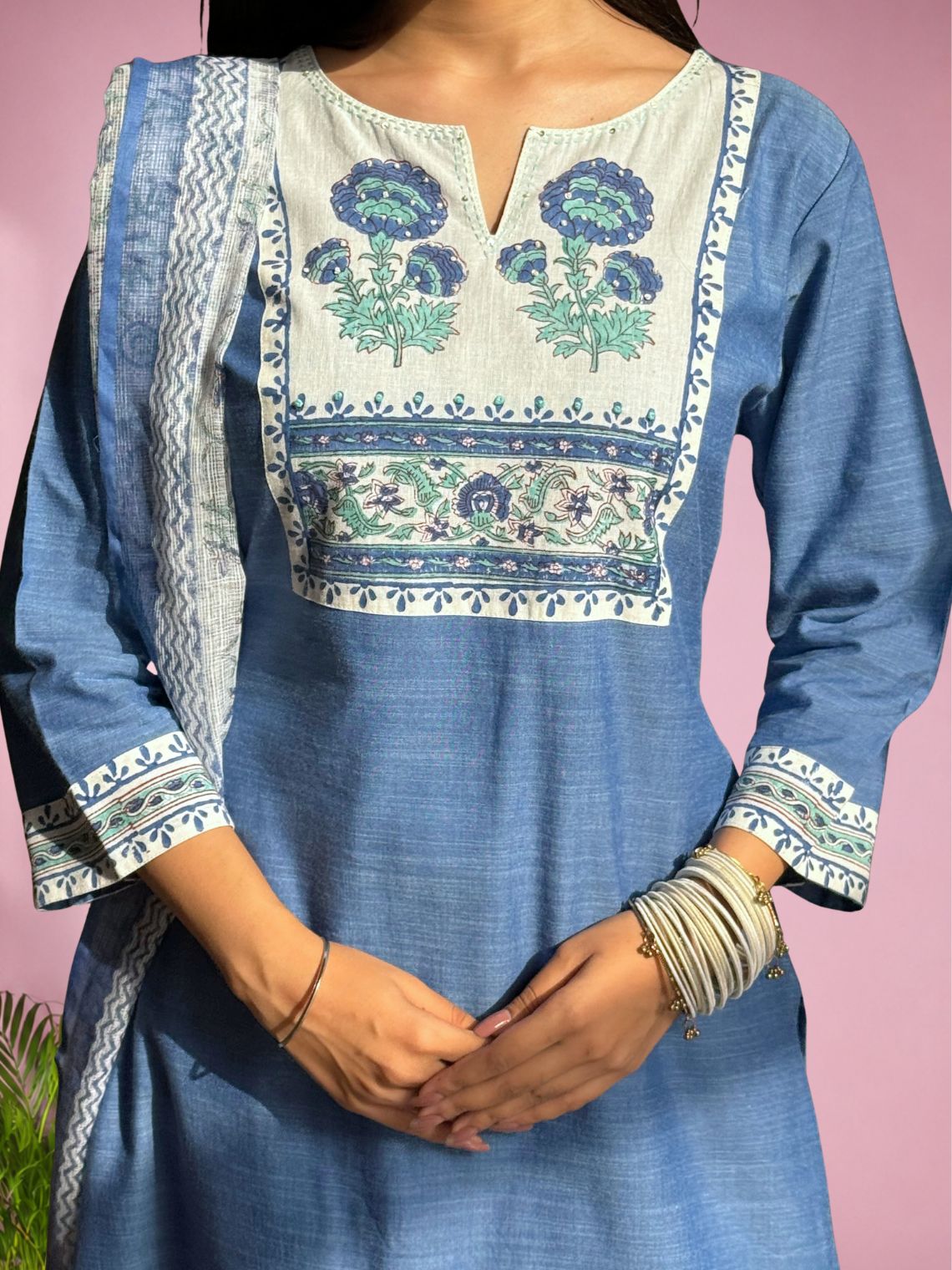 Saanjh Handloom Slub Cotton 3 Piece Stitched Suit Set with hand block & Handwork - Chowkhat Lifestyle