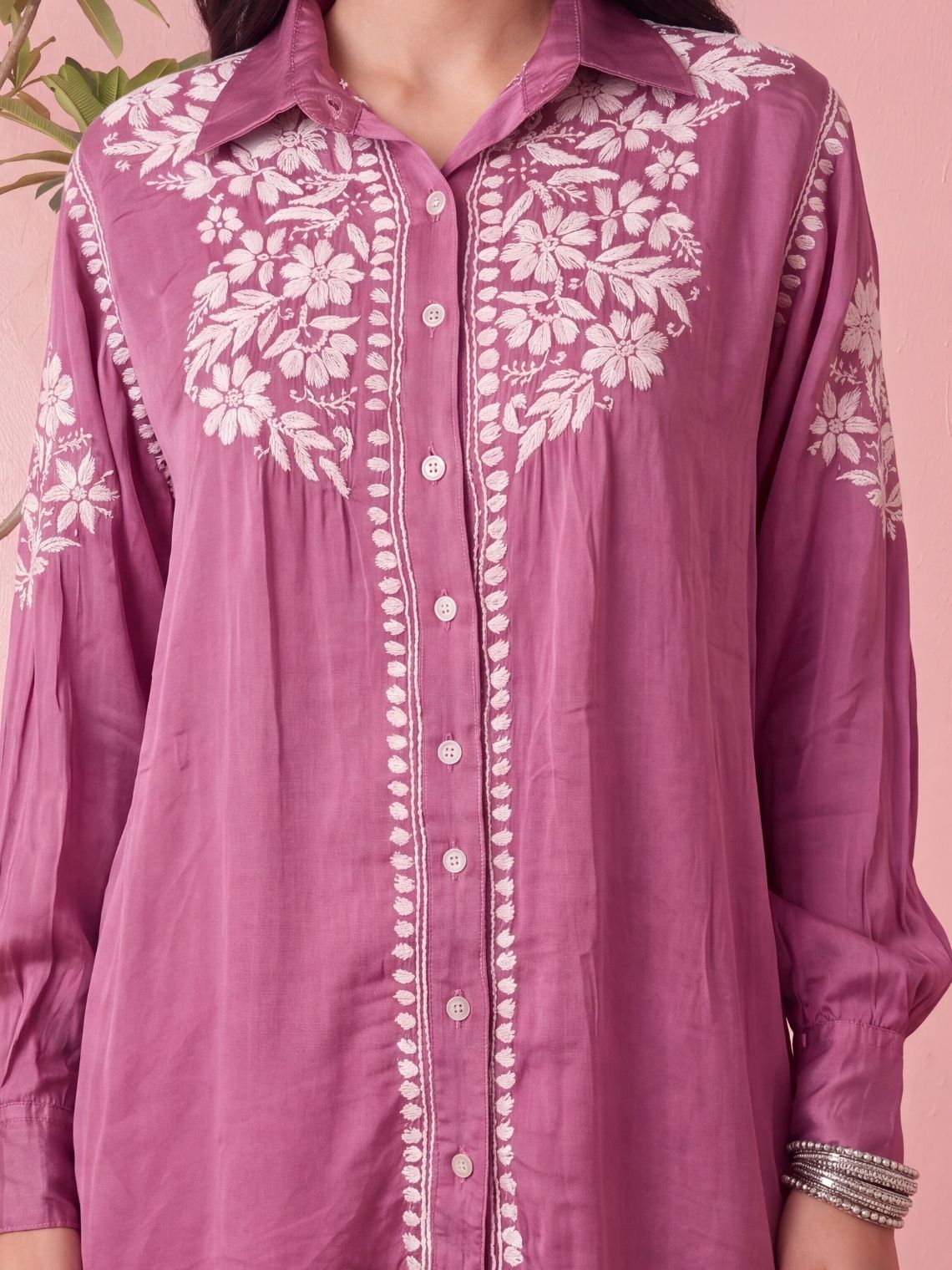 Kashika Modal Satin Chikankari High Low Shirt - Chowkhat Lifestyle