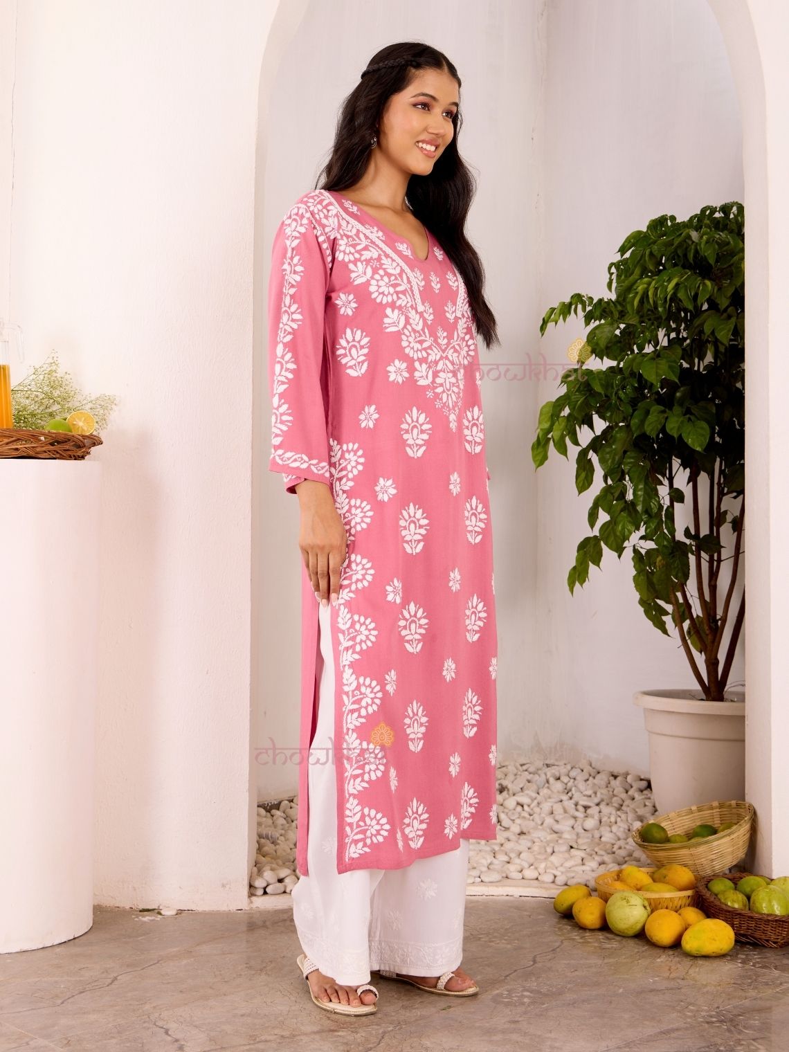 Navya Rayon Straight Chikankari Kurti with Lace - Chowkhat Lifestyle