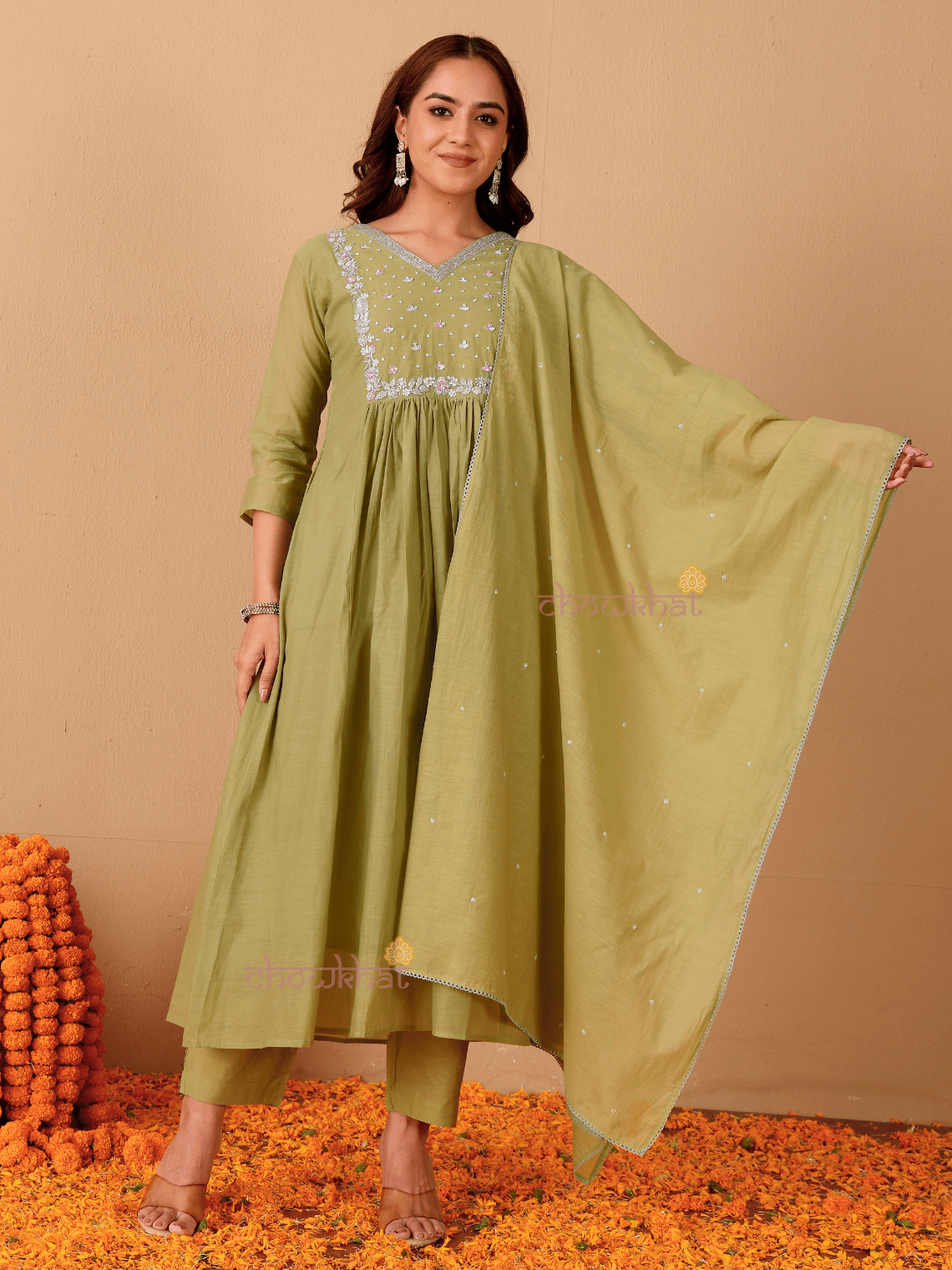 Rhea Mul Chanderi 3 Piece Nyra Style Stitched Suit Set with Adda Work - Chowkhat Lifestyle