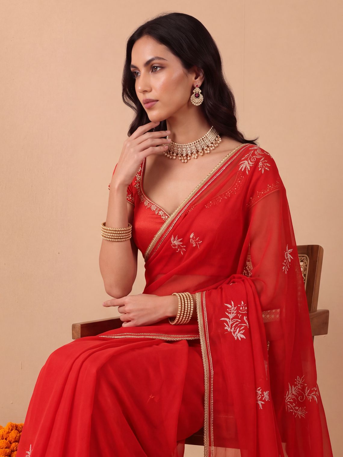 Shagun Hand Embroidered Kasab Work Chiffon Saree with Blouse Piece - Chowkhat Lifestyle