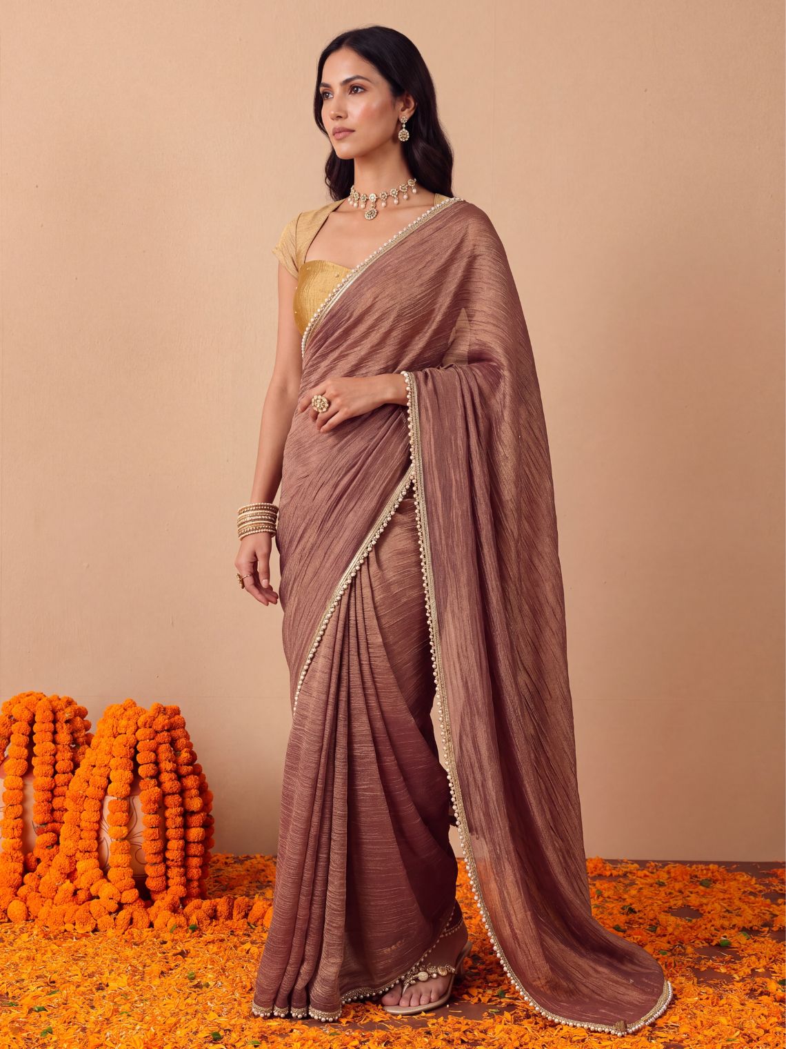 Param Sundari Shimmer Tissue Saree with Lace Detailing & Contrast Blouse Piece - Chowkhat Lifestyle