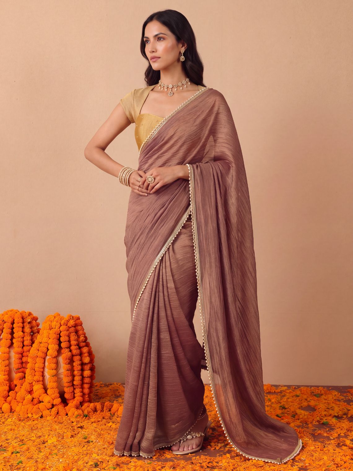 Param Sundari Shimmer Tissue Saree with Lace Detailing & Contrast Blouse Piece - Chowkhat Lifestyle