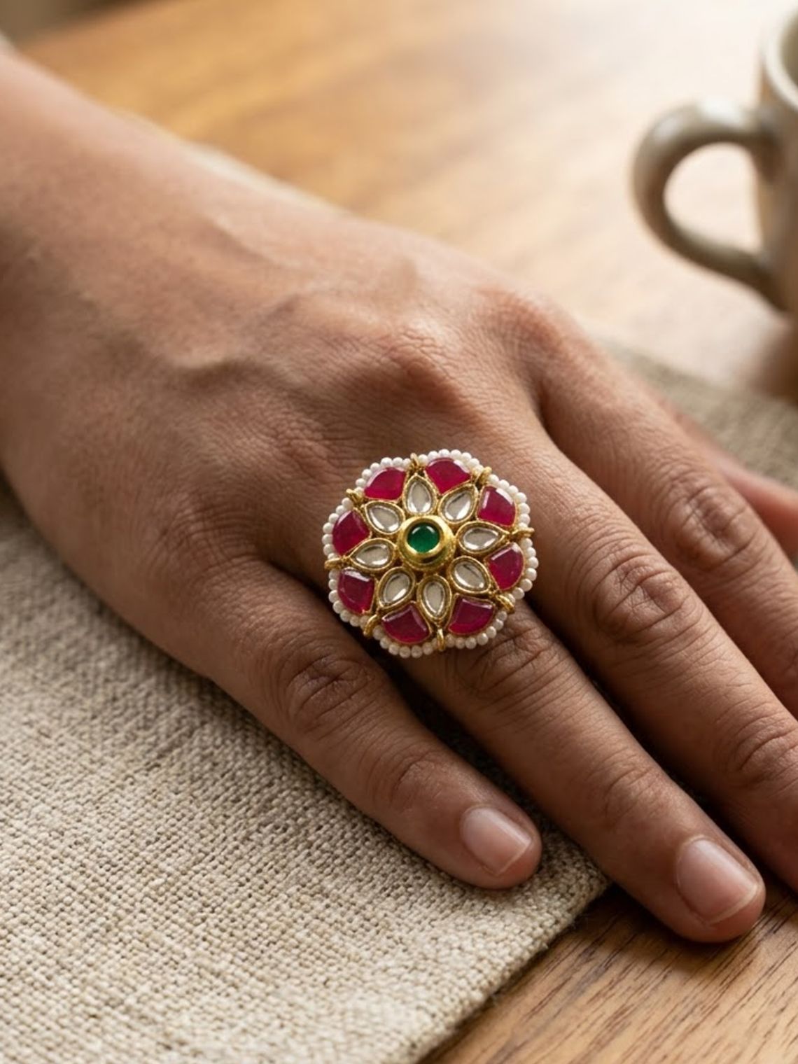 Anokhi Golden stonework Pearl adjustable Ring - Chowkhat Lifestyle