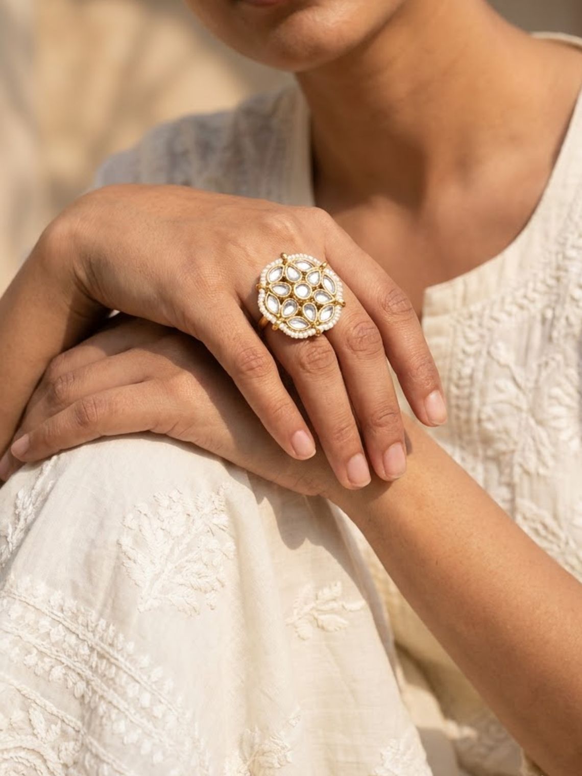 Evergreen Golden Stonework adjustable Ring With Pearl - Chowkhat Lifestyle