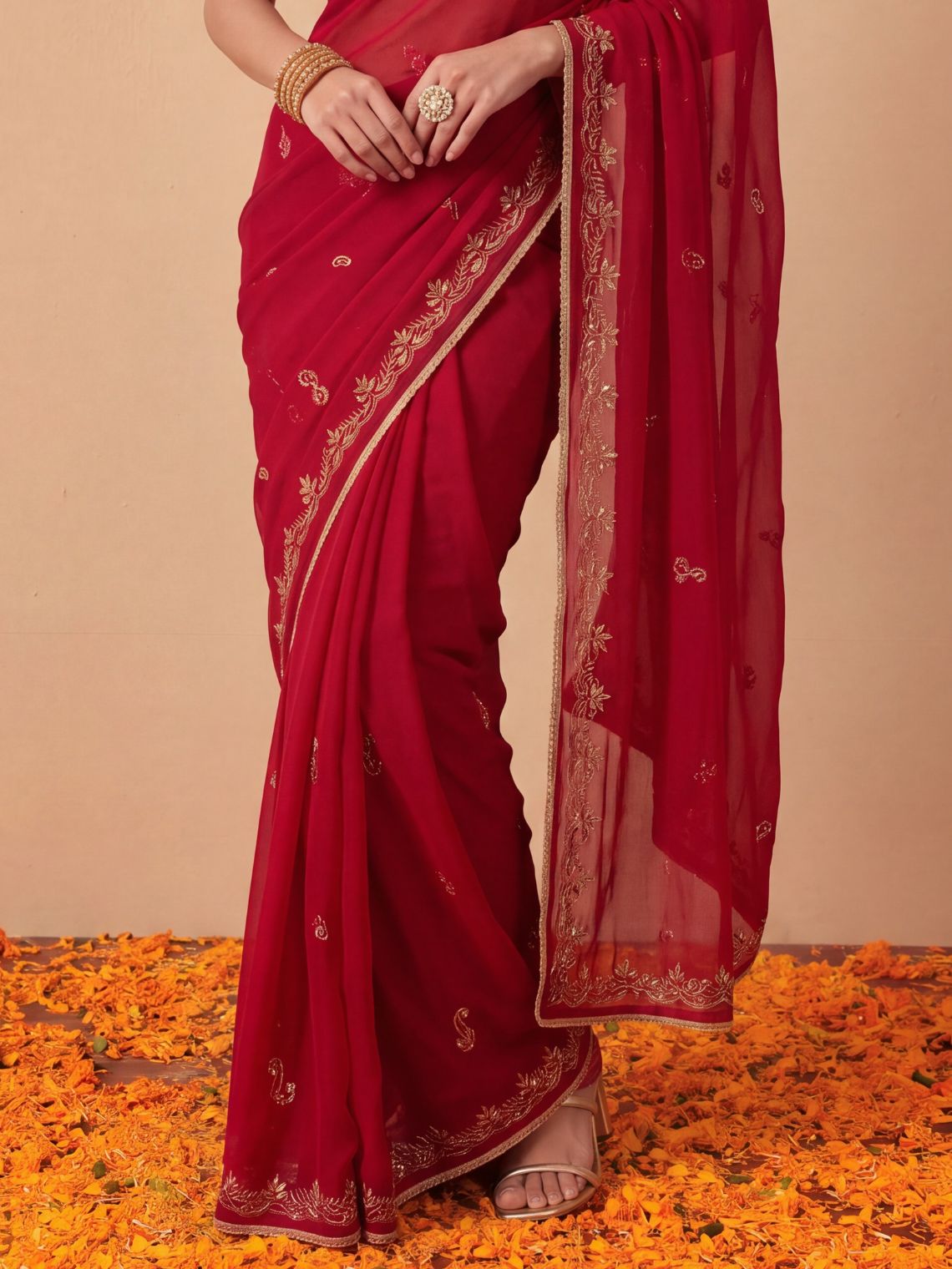 Shagun Hand Embroidered Kasab Work Chiffon Saree with Blouse Piece - Chowkhat Lifestyle