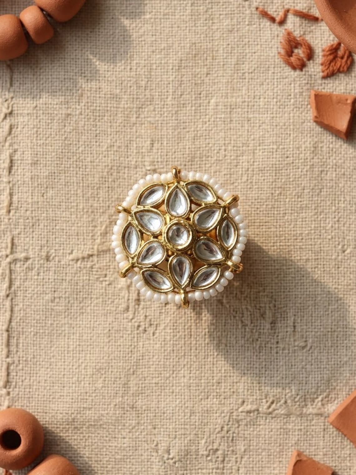 Evergreen Golden Stonework adjustable Ring With Pearl - Chowkhat Lifestyle