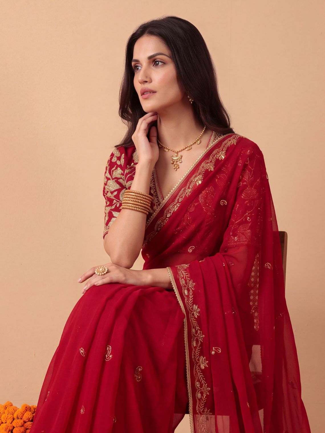 Shagun Hand Embroidered Kasab Work Chiffon Saree with Blouse Piece - Chowkhat Lifestyle