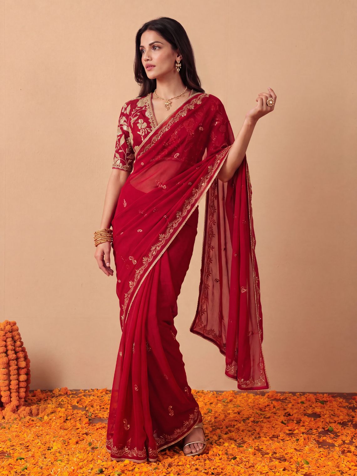 Shagun Hand Embroidered Kasab Work Chiffon Saree with Blouse Piece - Chowkhat Lifestyle