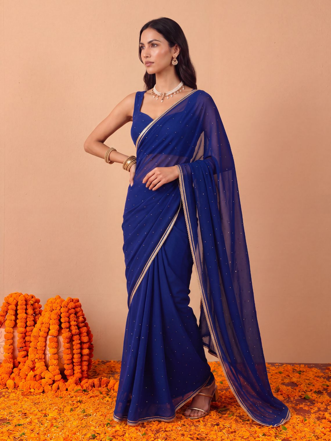 Neelakshi Hand Embroidered Mukaish Work Chiffon Saree with Blouse Piece - Chowkhat Lifestyle