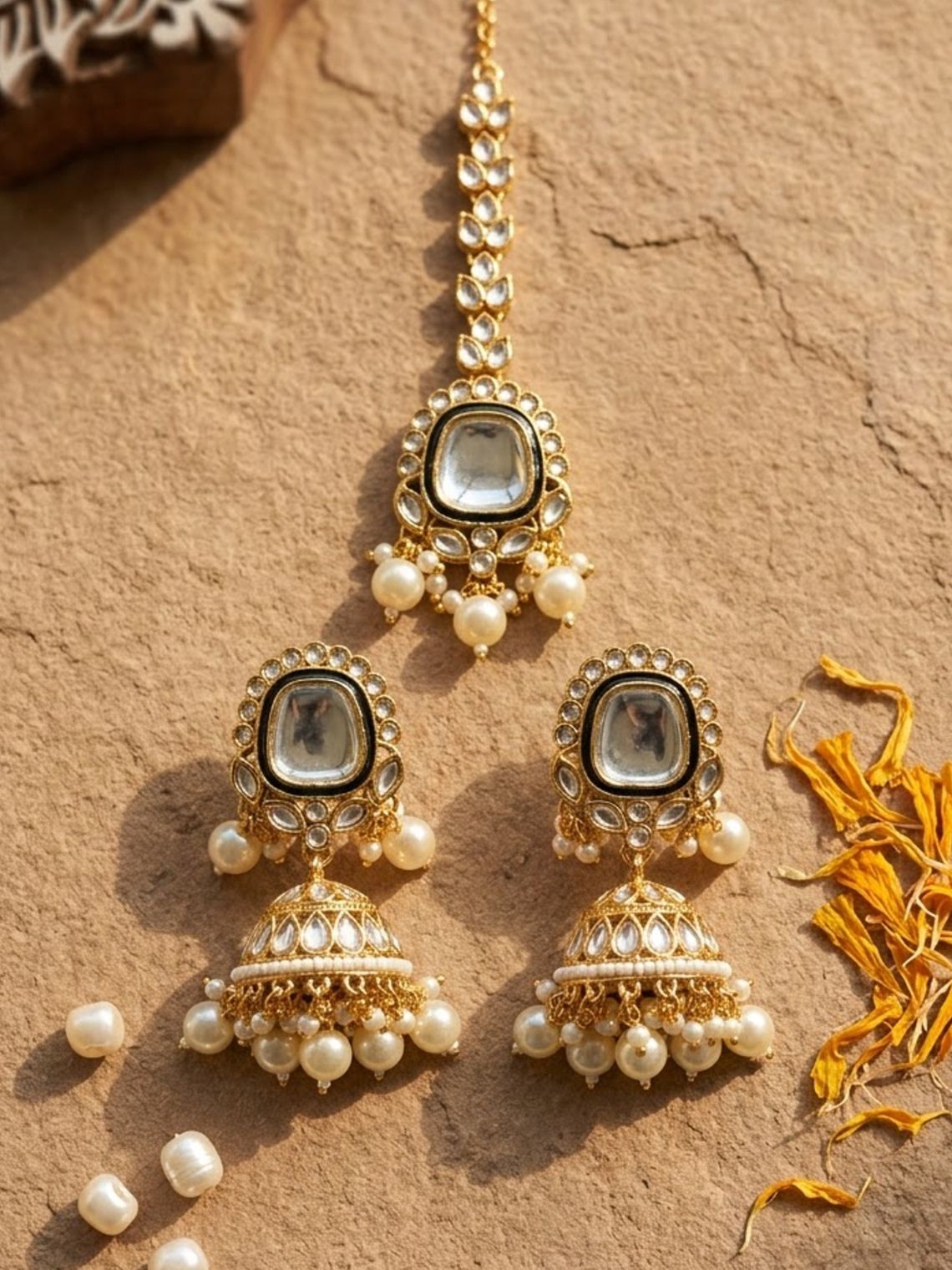 Mrinal Kundan Mangtikka and Pearl Jhumki set - Chowkhat Lifestyle