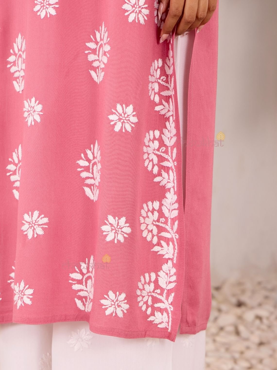 Navya Rayon Straight Chikankari Kurti with Lace - Chowkhat Lifestyle