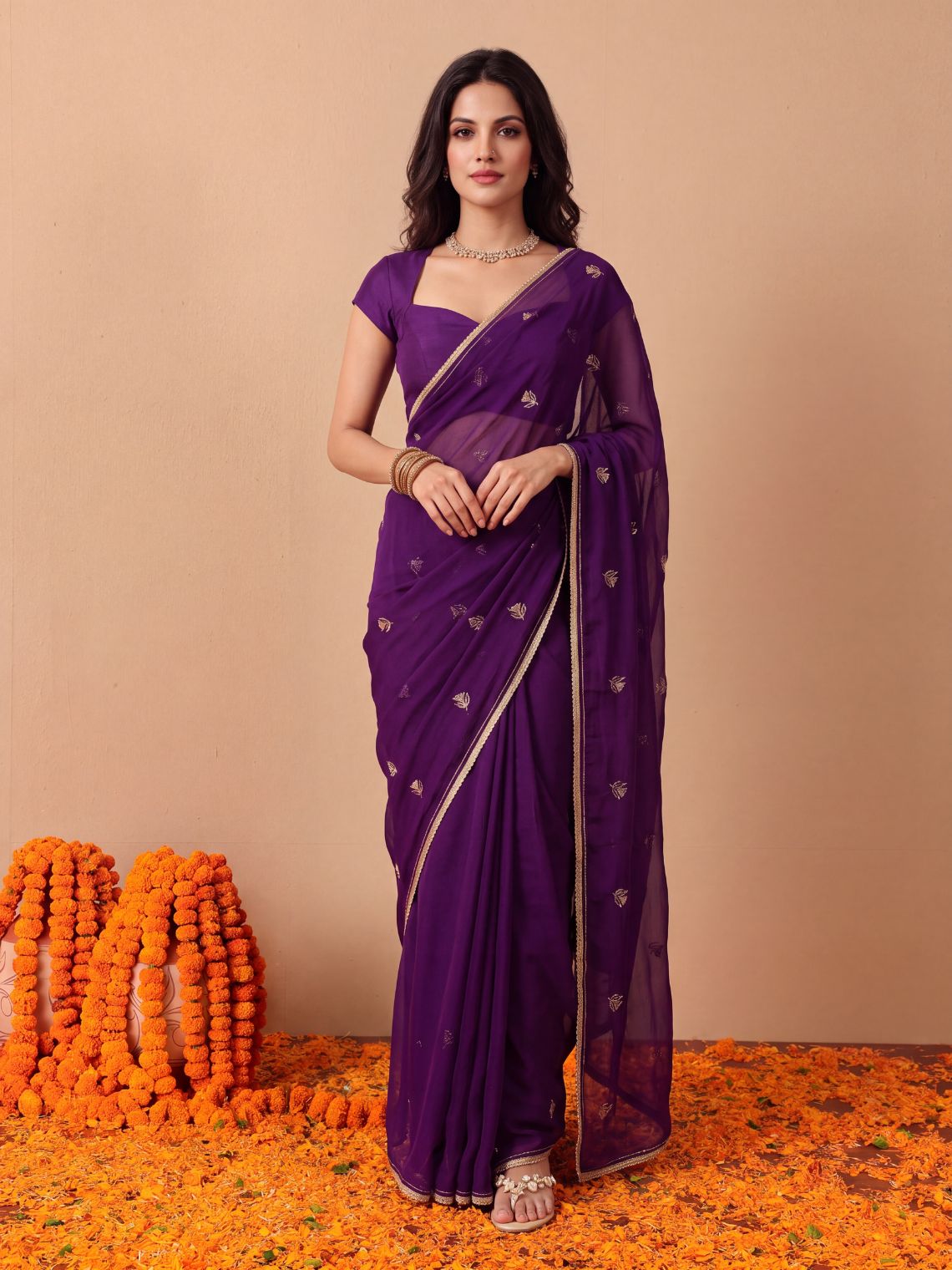 Shagun Hand Embroidered Kasab Work Chiffon Saree with Blouse Piece - Chowkhat Lifestyle