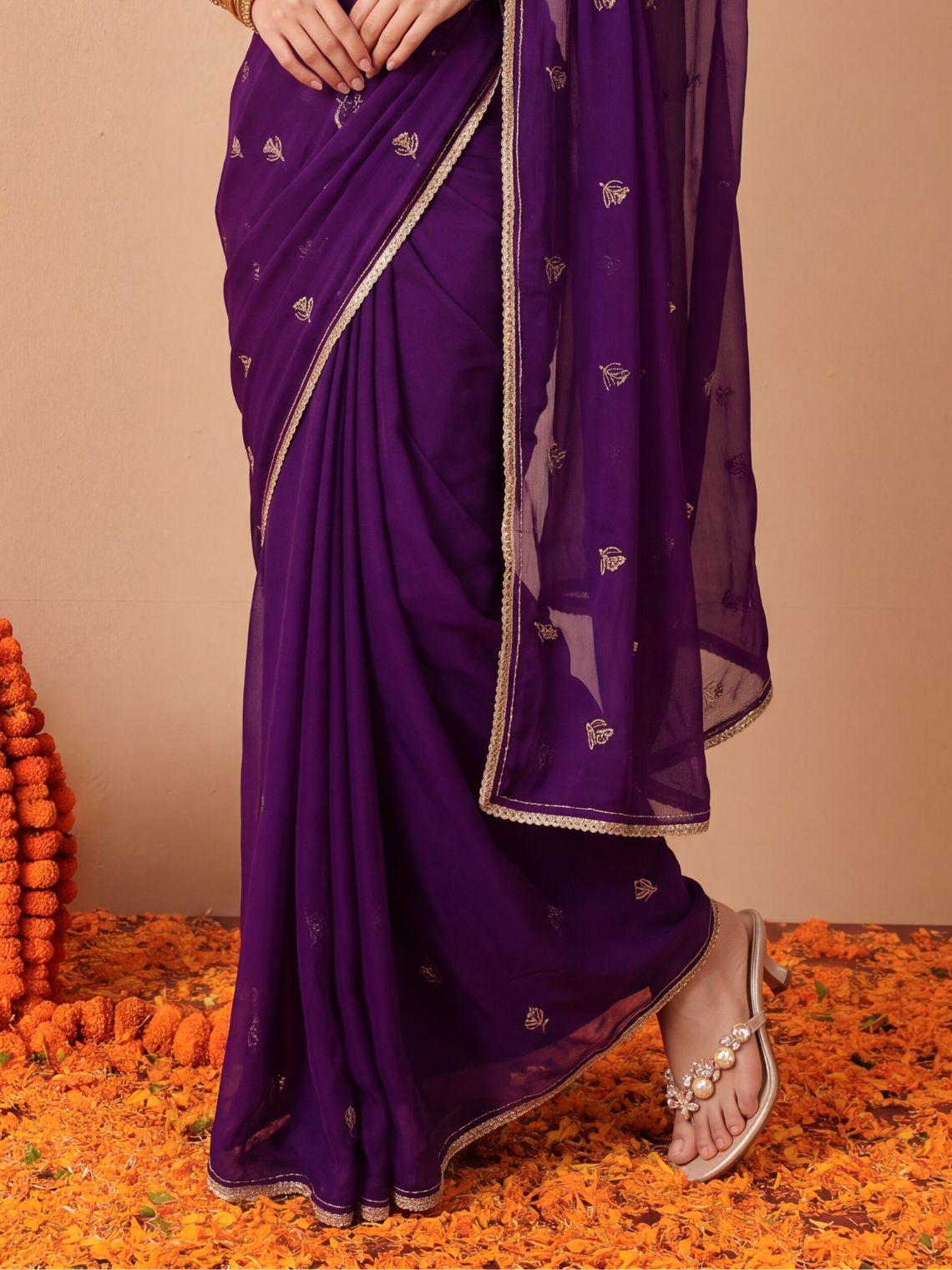 Shagun Hand Embroidered Kasab Work Chiffon Saree with Blouse Piece - Chowkhat Lifestyle