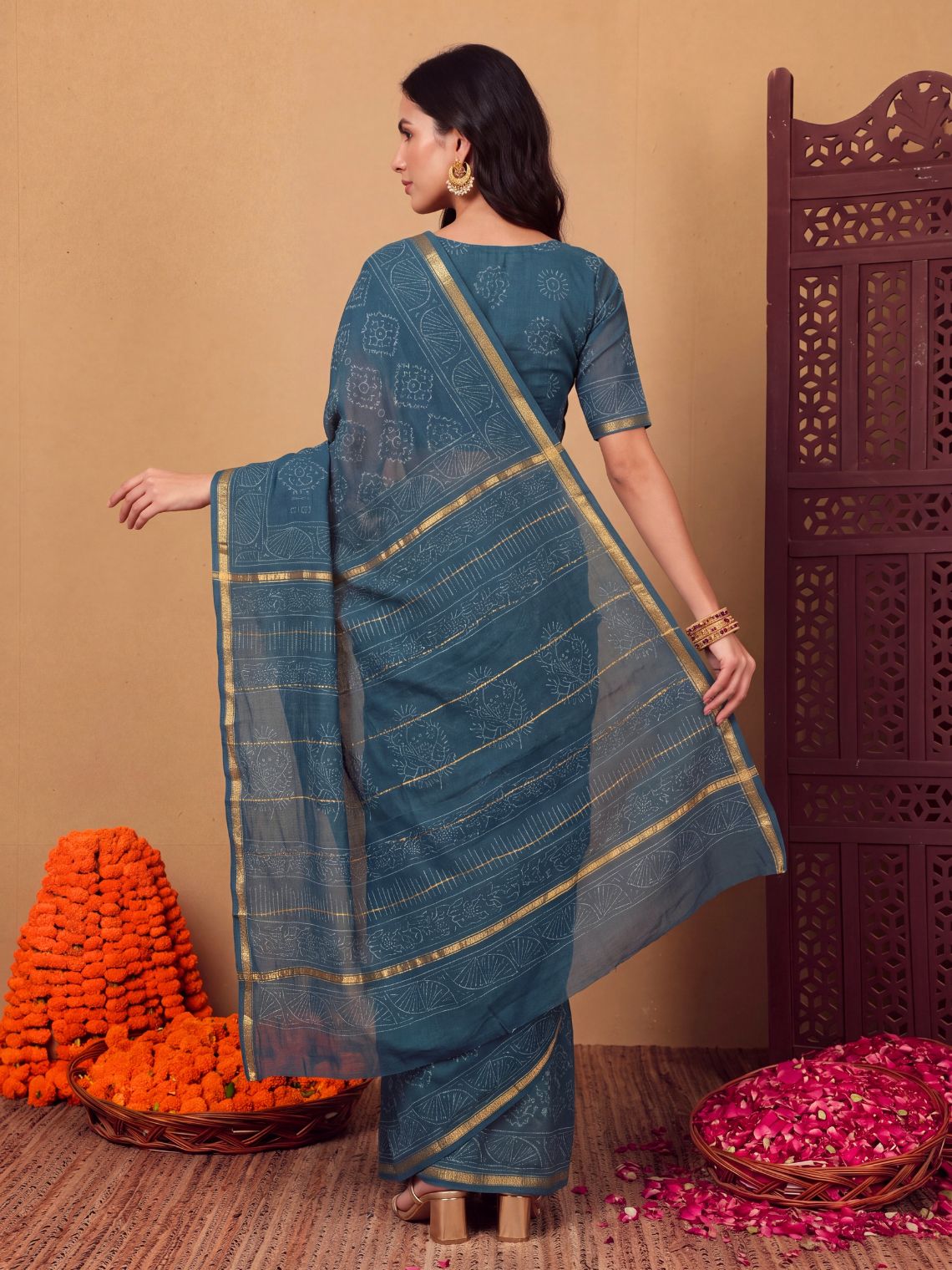 Sitara Premium Hand Block Chanderi Saree with zari Border - Chowkhat Lifestyle