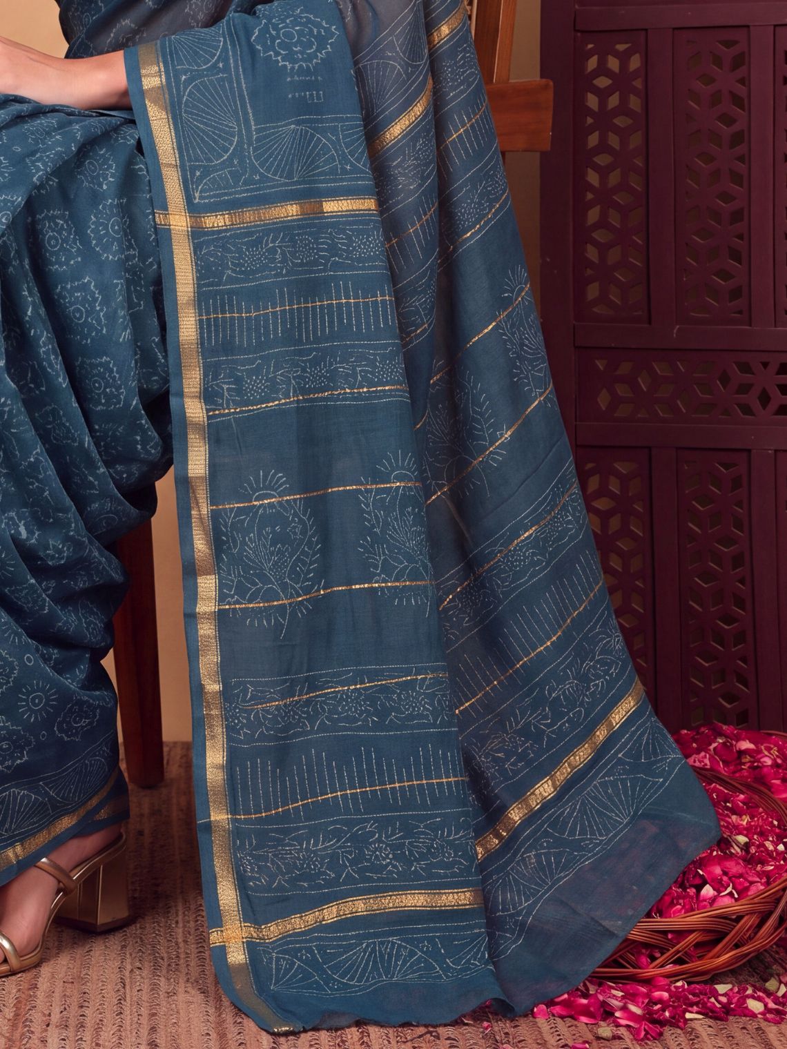 Sitara Premium Hand Block Chanderi Saree with zari Border - Chowkhat Lifestyle