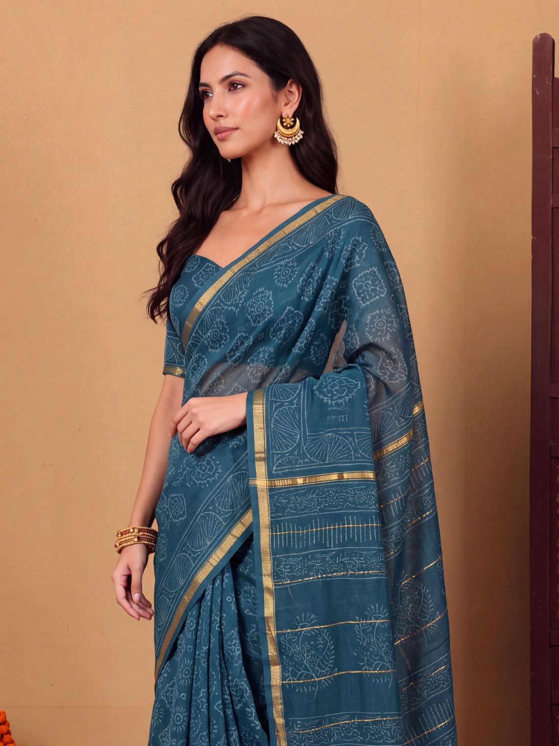 Sitara Premium Hand Block Chanderi Saree with zari Border - Chowkhat Lifestyle