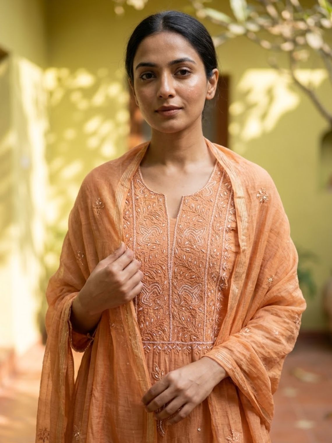 Sreeja Hand Embroidered Chikankari Mul Chanderi 3 Piece Unstitched Suit set - Chowkhat Lifestyle