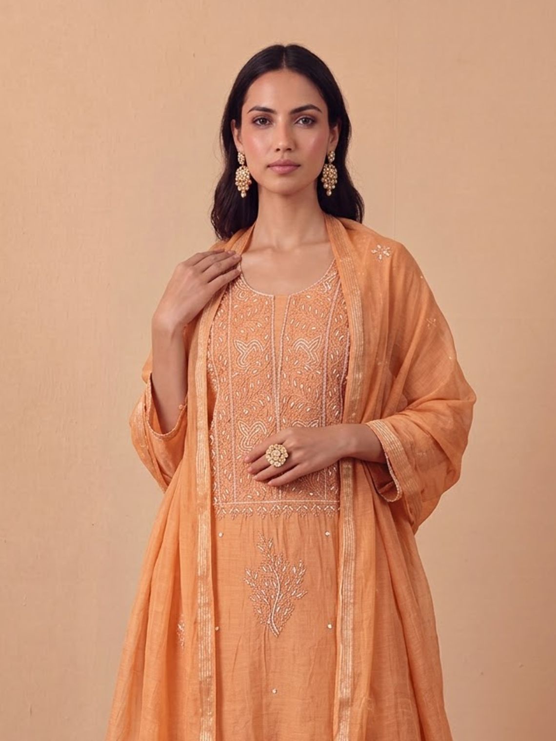 Sreeja Hand Embroidered Chikankari Mul Chanderi 3 Piece Unstitched Suit set - Chowkhat Lifestyle