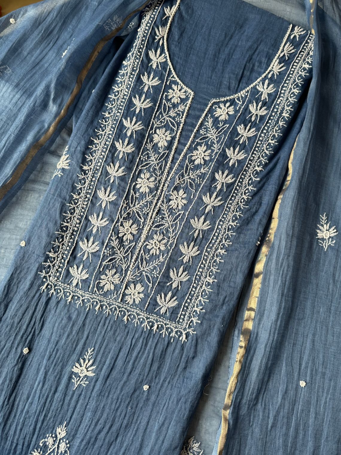 Raunak Hand Embroidered Chikankari Mul Chanderi Unstitched Suit set - Chowkhat Lifestyle