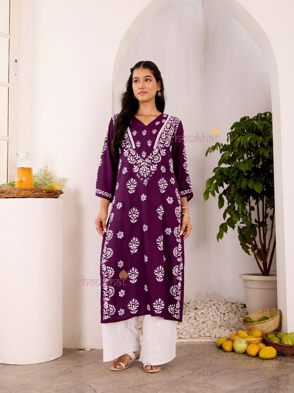 Navya Rayon Straight Chikankari Kurti with Lace