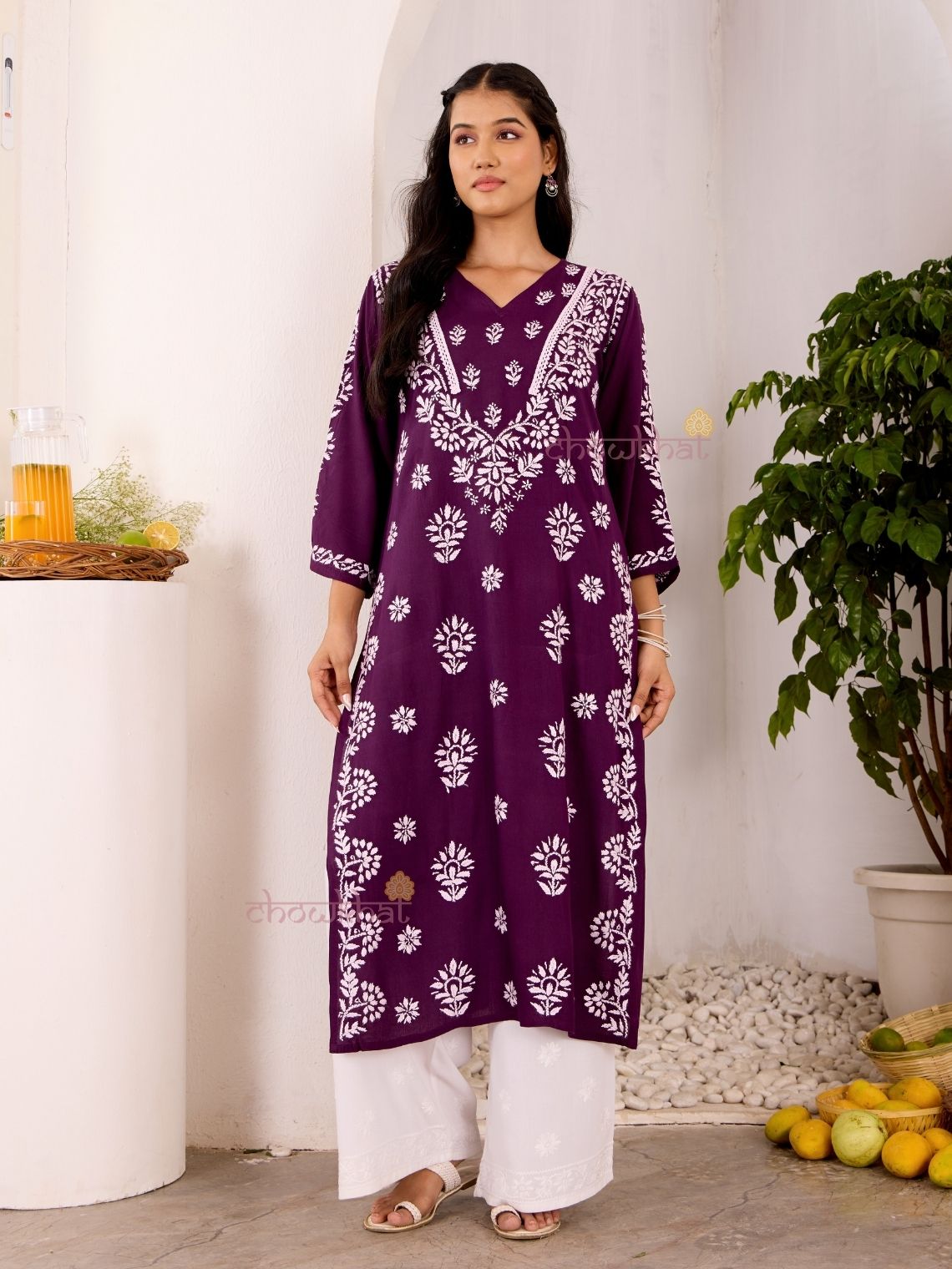 Navya Rayon Straight Chikankari Kurti with Lace - Chowkhat Lifestyle