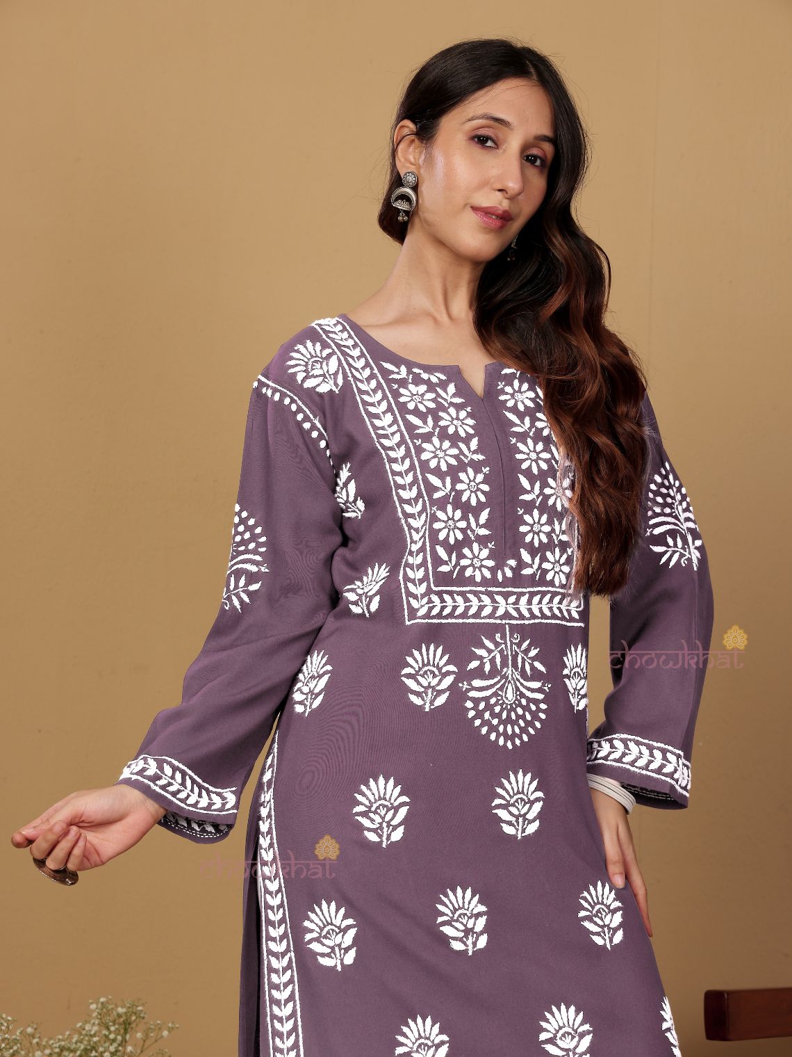 Aaniya Rayon Straight Long Chikankari Kurti - Chowkhat Lifestyle
