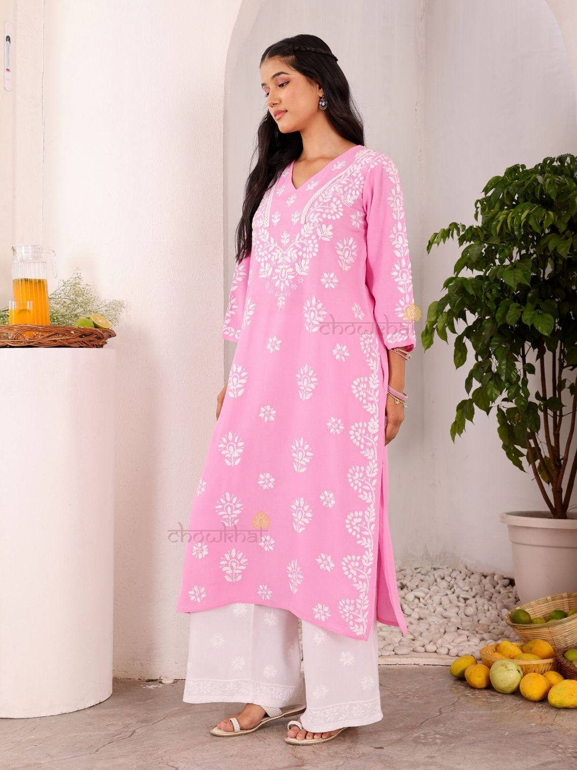 Navya Rayon Straight Chikankari Kurti with Lace Detailing - Chowkhat Lifestyle