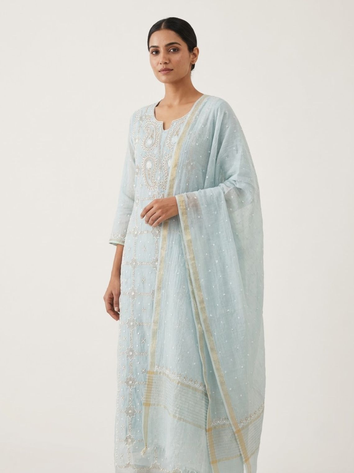 Jalsa Hand Embroidered Pearl and Kasab Work Mul Chanderi Unstitched Suit set