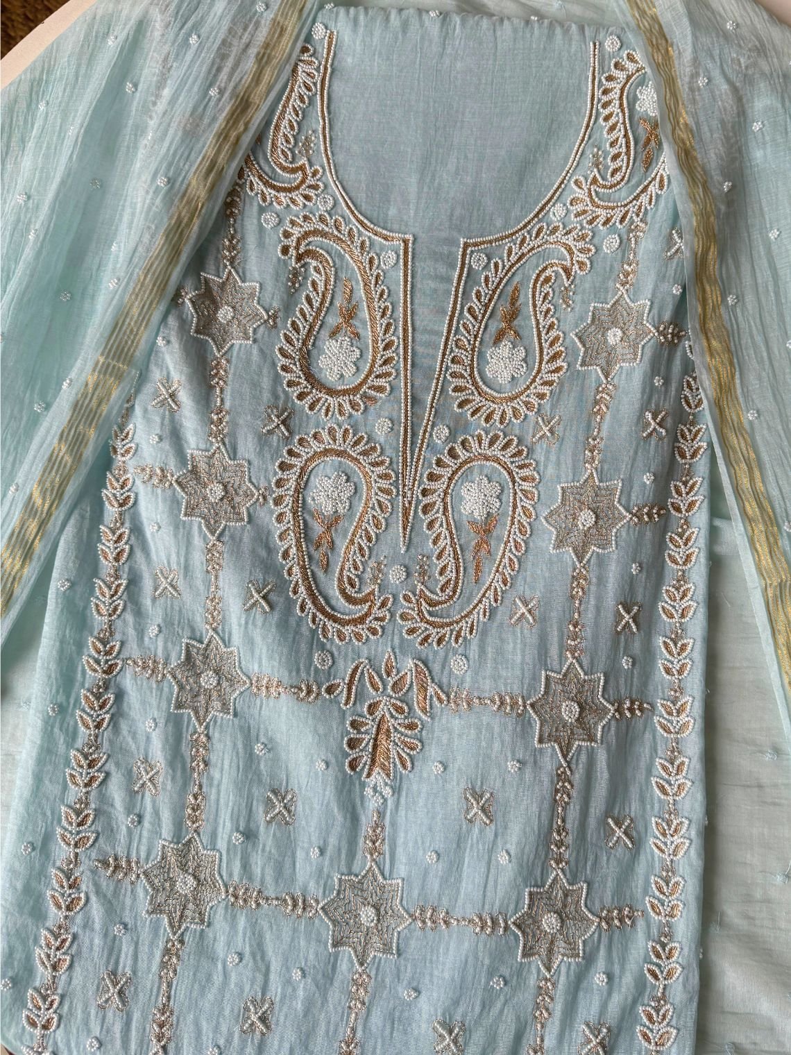 Jalsa Hand Embroidered Pearl and Kasab Work Mul Chanderi Unstitched Suit set - Chowkhat Lifestyle