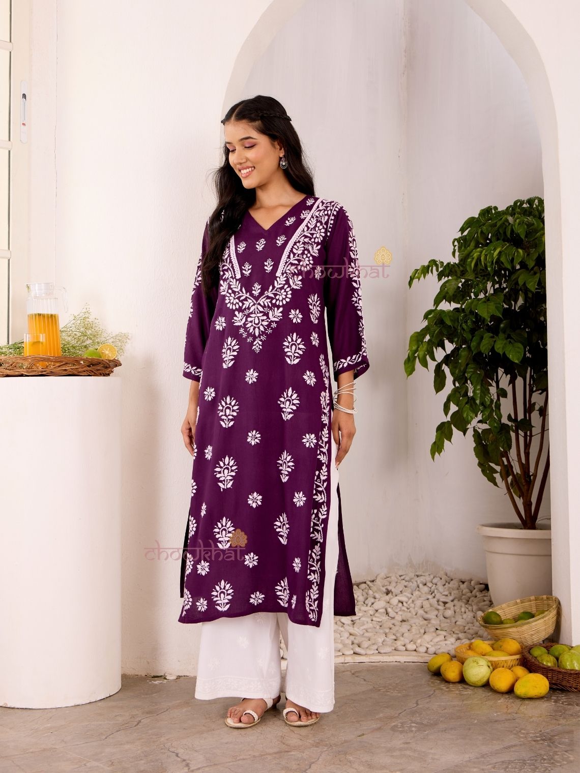 Navya Rayon Straight Chikankari Kurti with Lace - Chowkhat Lifestyle