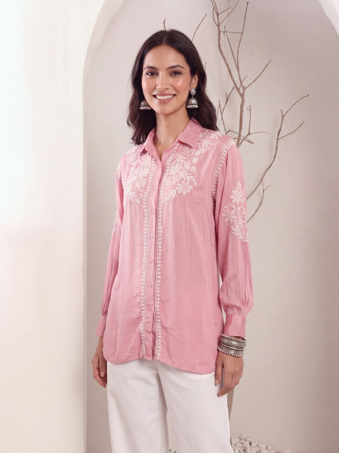 Kashika Modal Satin Chikankari High Low Shirt - Chowkhat Lifestyle