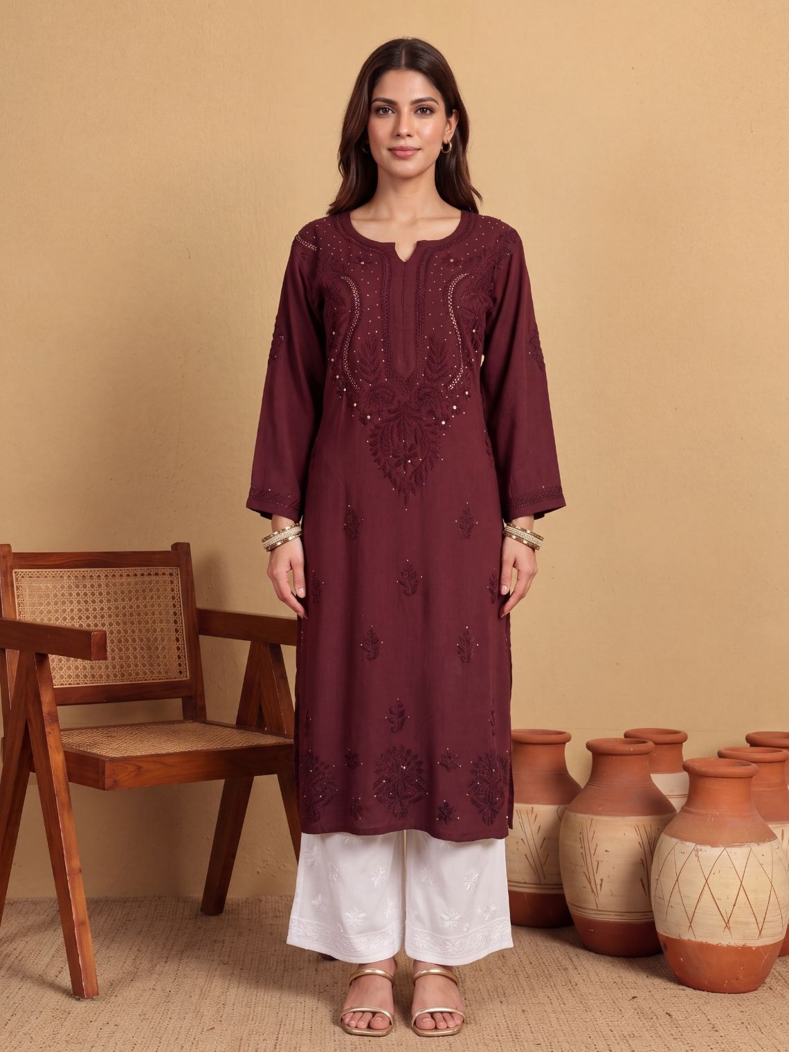 Tarika Straight Rayon Mukaish Chikankari Long Kurta - Chowkhat Lifestyle